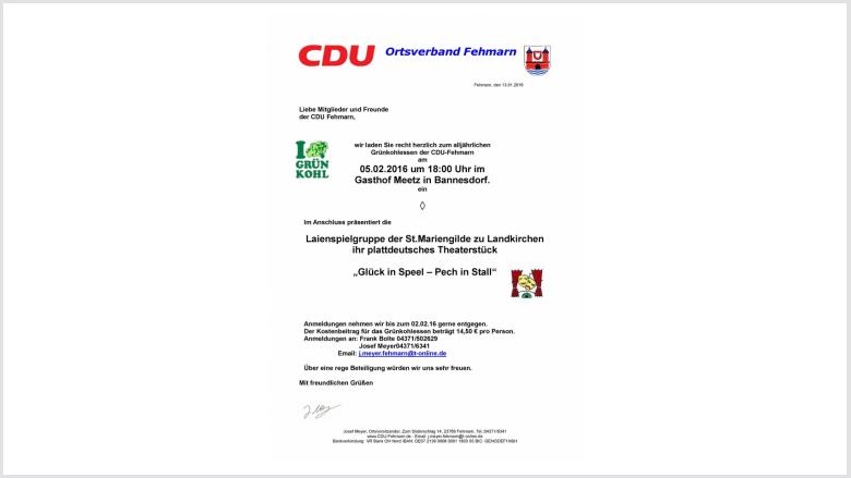 CDU Fehmarn - GRÜNKOHLESSEN mit Theaterstück